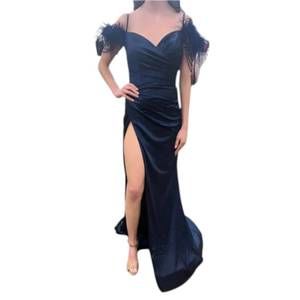 NEW VIENNA PROM feather off the shoulder maxi slit prom gown in navy